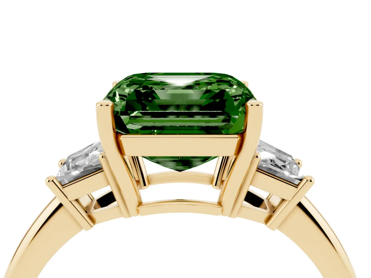 Fancy Green Asscher Cut Diamond Three-Stone Ring with Trapezoid Side Stones and Prong Setting Yellow gold
