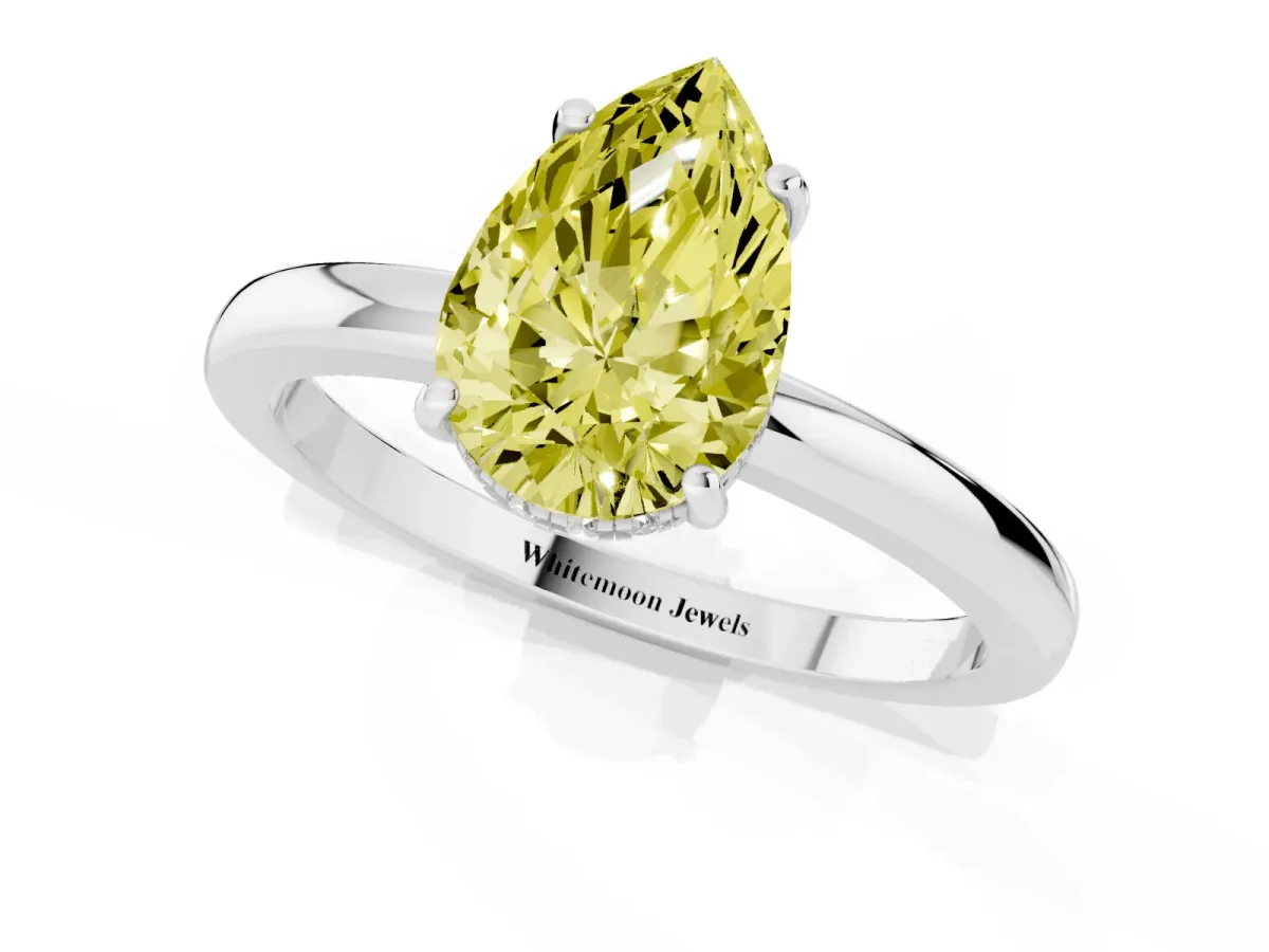 Fancy Yellow Pear Cut Solitaire Diamond Ring with Prong Setting and Plain Band Platinum