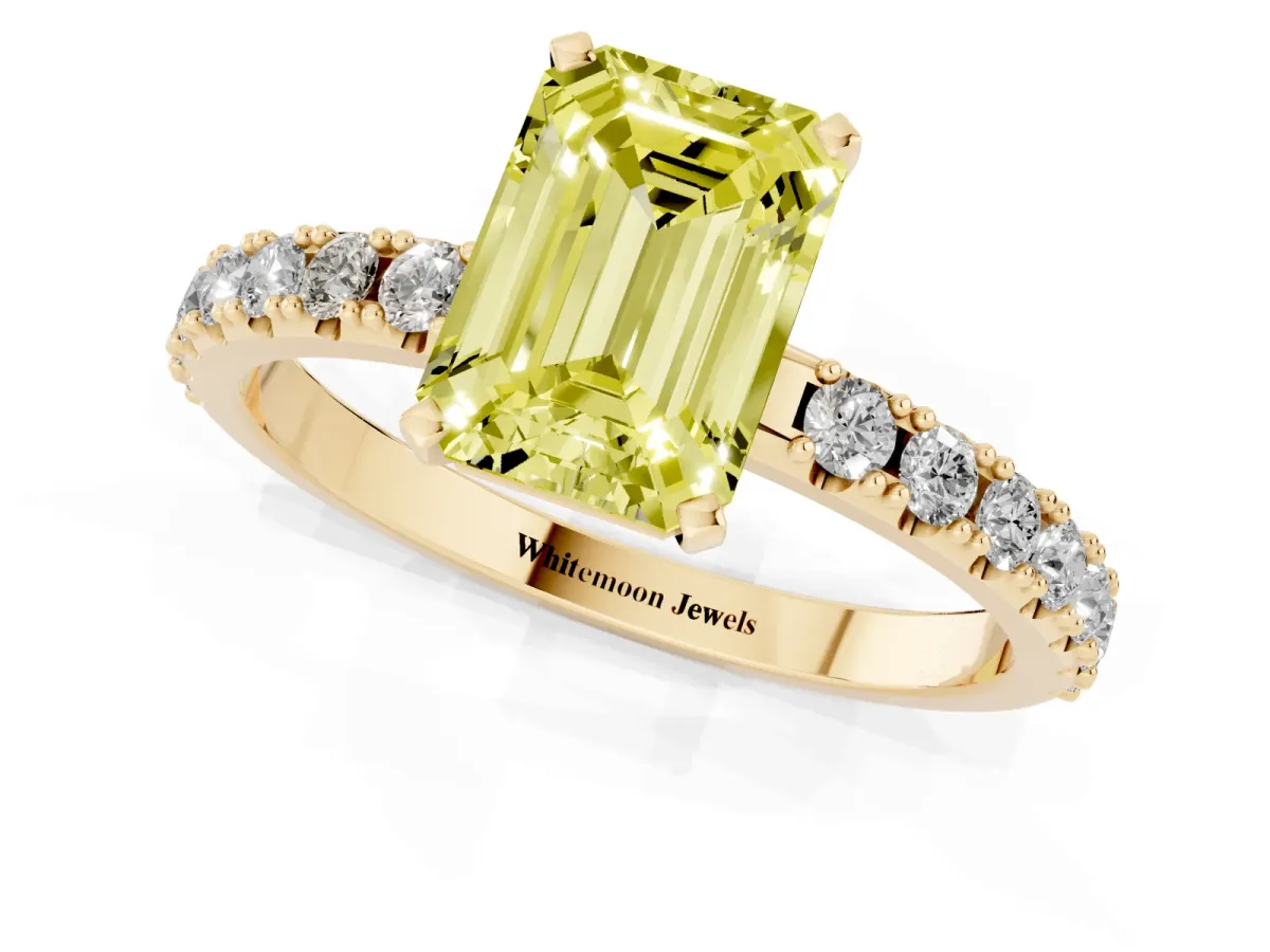 Fancy Yellow Emerald Cut Diamond Solitaire Pavé Band with Four-Prong Setting Yellow gold