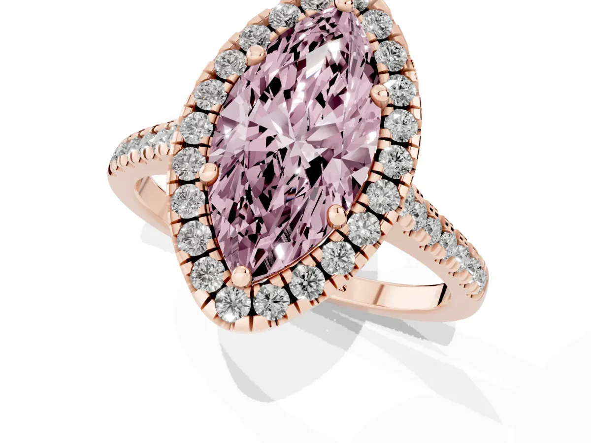 Fancy Pink Marquise Cut Diamond Cushion Halo Ring with Pavé Band Rose gold