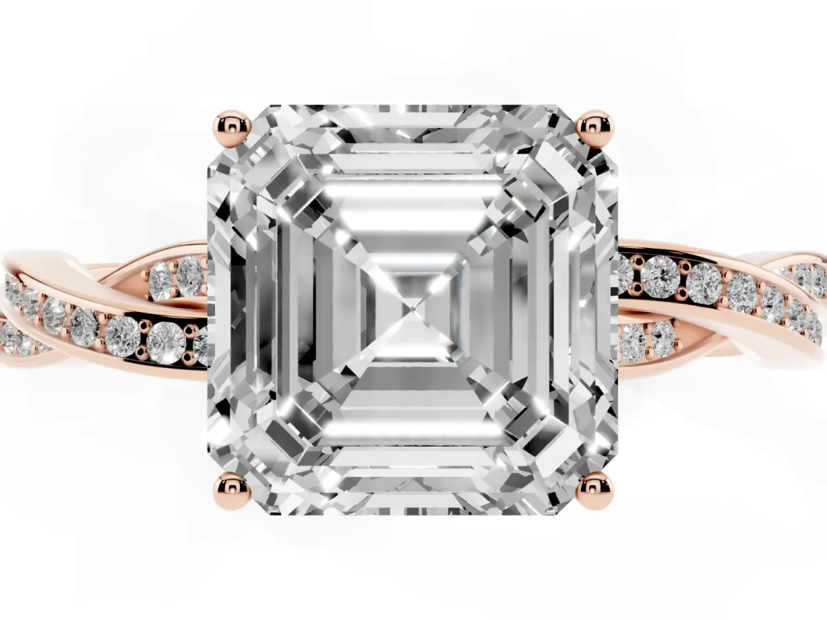 Asscher Cut Solitaire Twisted Pave Diamond Ring with Four-Prong Setting Rose gold