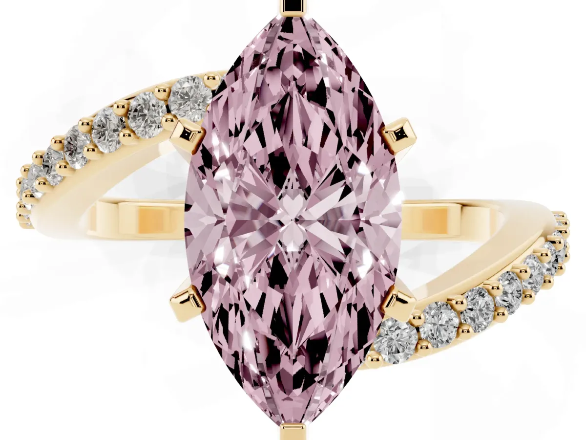 Fancy Pink Marquise Cut Solitaire Twist Band with Pave Set Diamonds and Four-Prong Setting Yellow gold