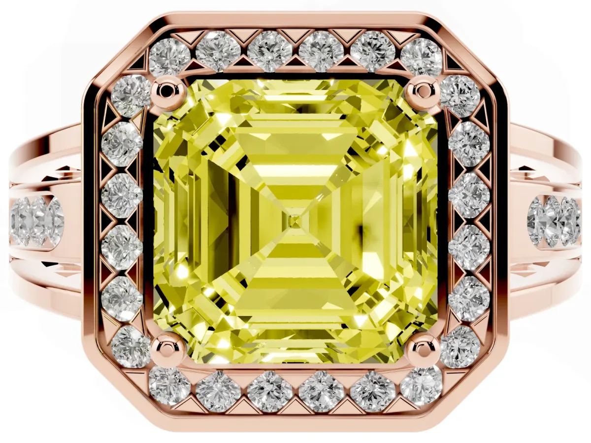 Fancy Yellow Asscher Cut Diamond Halo Ring with Split Shank and Bezel Accents and Prong Setting Rose gold