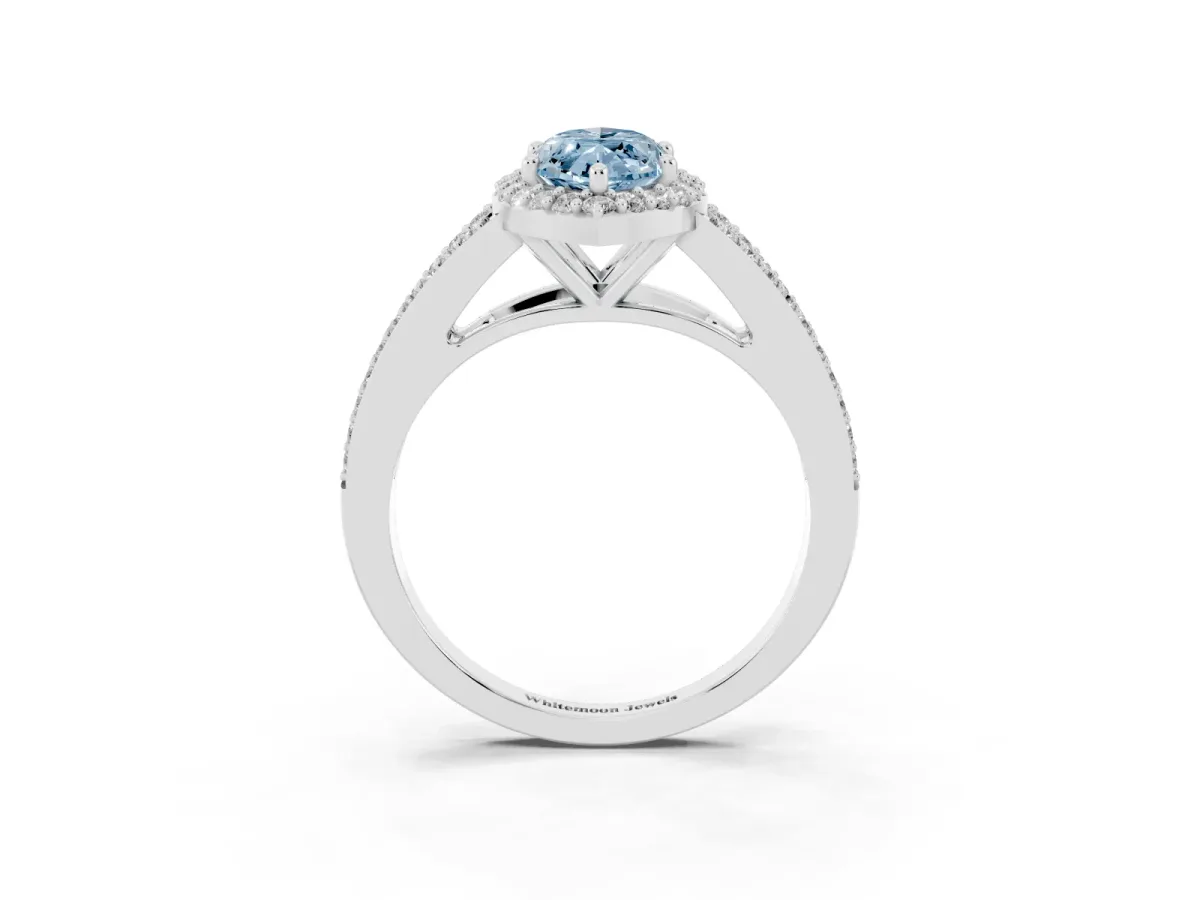 Fancy Blue Marquise Cut Halo Split Shank Diamond Ring with Prong Setting Silver