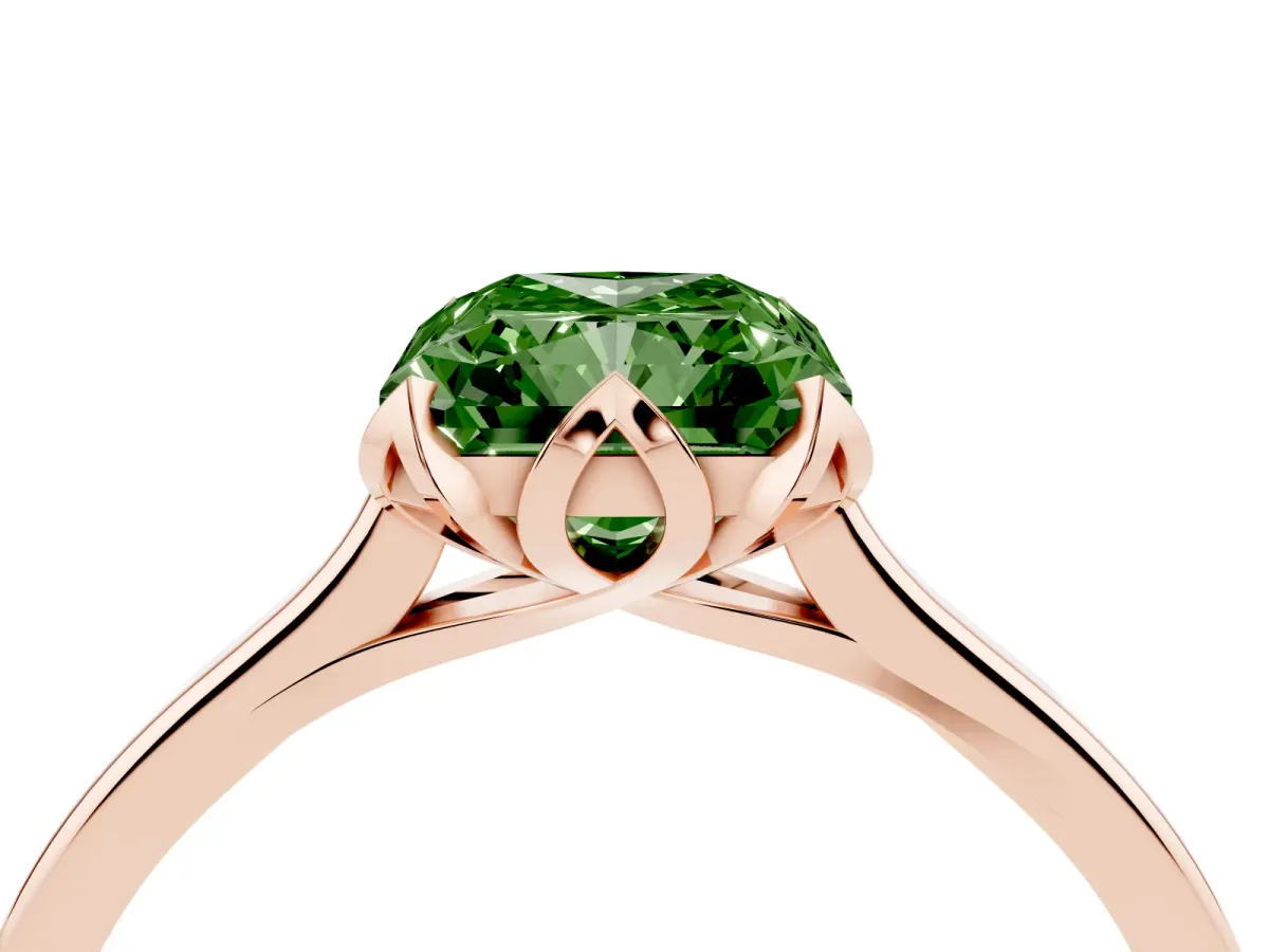 Fancy Green Radiant Cut Diamond Solitaire Ring with Flower Prong Setting and Classic Band Rose gold