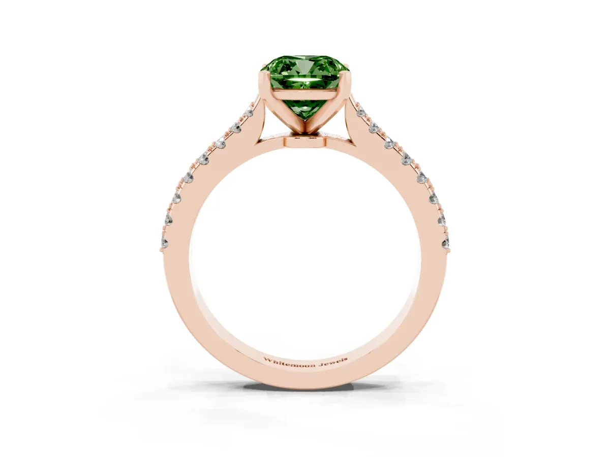 Fancy Green Cushion Cut Cut Solitaire Diamond Engagement Ring with Pave Band and Four-Prong Setting Rose gold