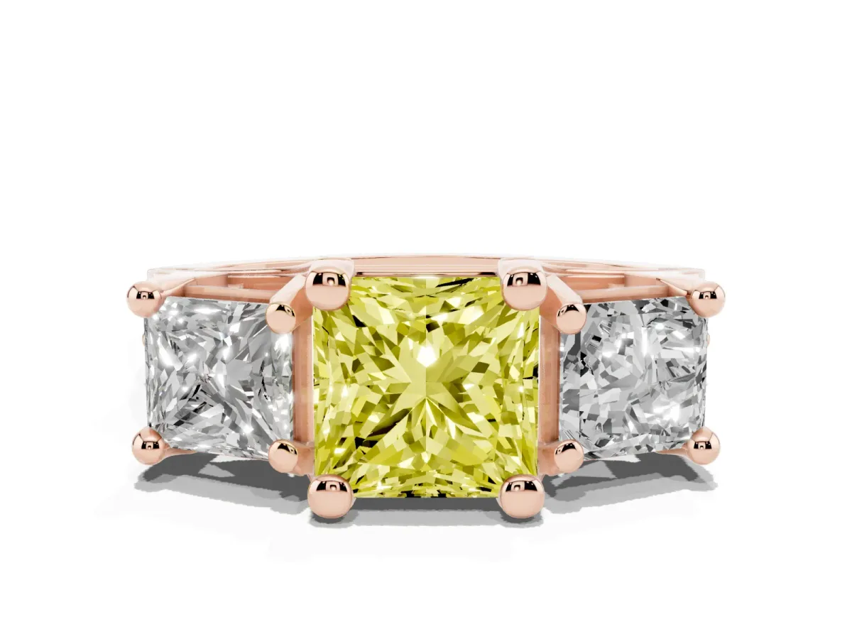 Fancy Yellow Princess Cut Diamond Three-Stone Ring with Channel Set Band and Four-Prong Setting Rose gold