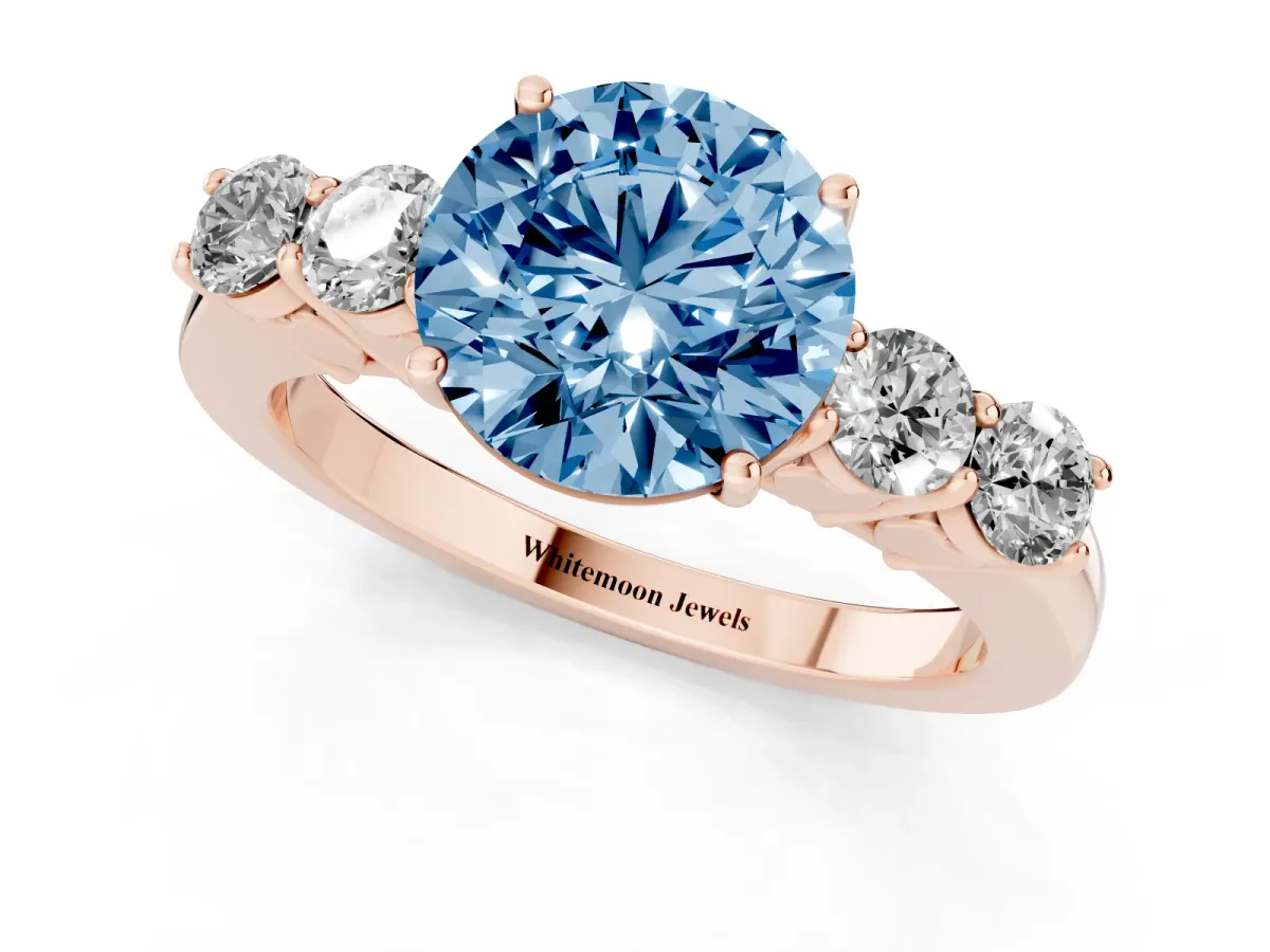 Fancy Blue Round Cut Cut Diamond Five-Stone Prong Set White Gold Ring Rose gold