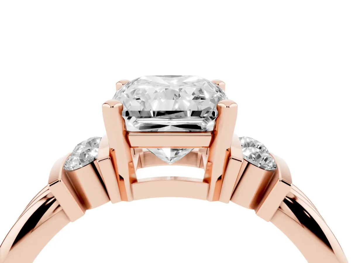Radiant Cut Cut Three-Stone Channel Set Ring with Bar Prongs Rose gold
