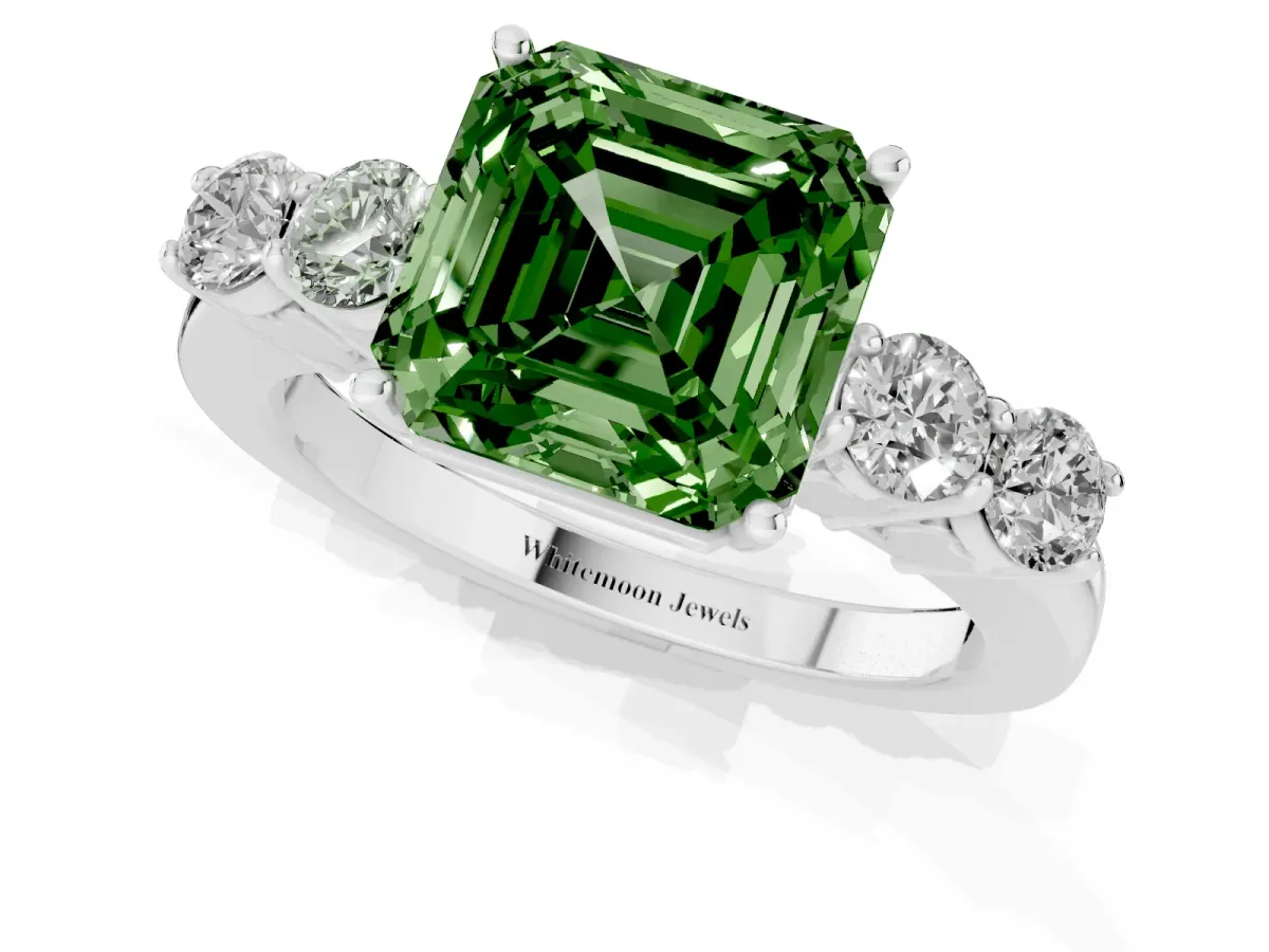 Fancy Green Asscher Cut Cut Diamond Five-Stone Prong Set White Gold Ring Platinum