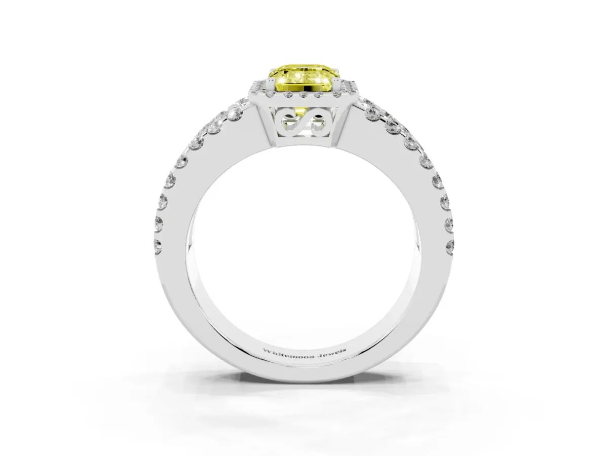 Fancy Yellow Emerald Cut Cut Halo Split Shank Diamond Ring with Four-Prong Setting Silver