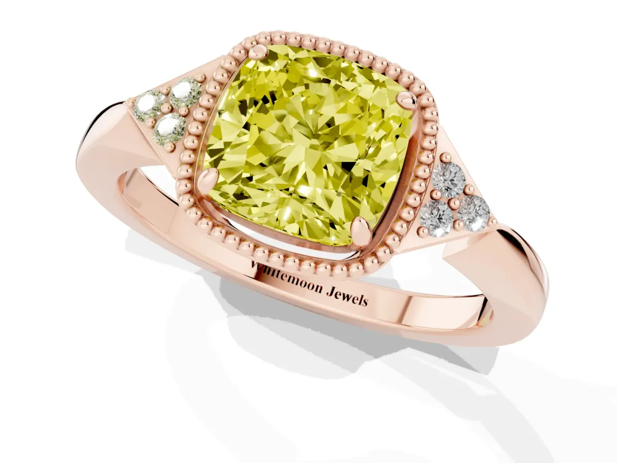 Fancy Yellow Hexagonal Halo Cushion Cut Diamond Solitaire with Pavé Band and Four-Prong Setting Rose gold
