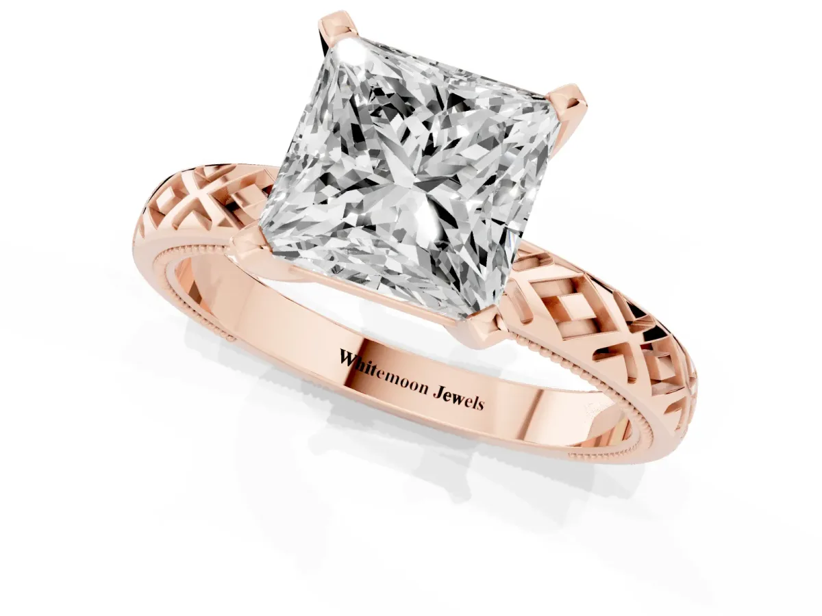 Princess Cut Solitaire Diamond Ring with Milgrain and Black Enamel X Pattern Band Rose gold