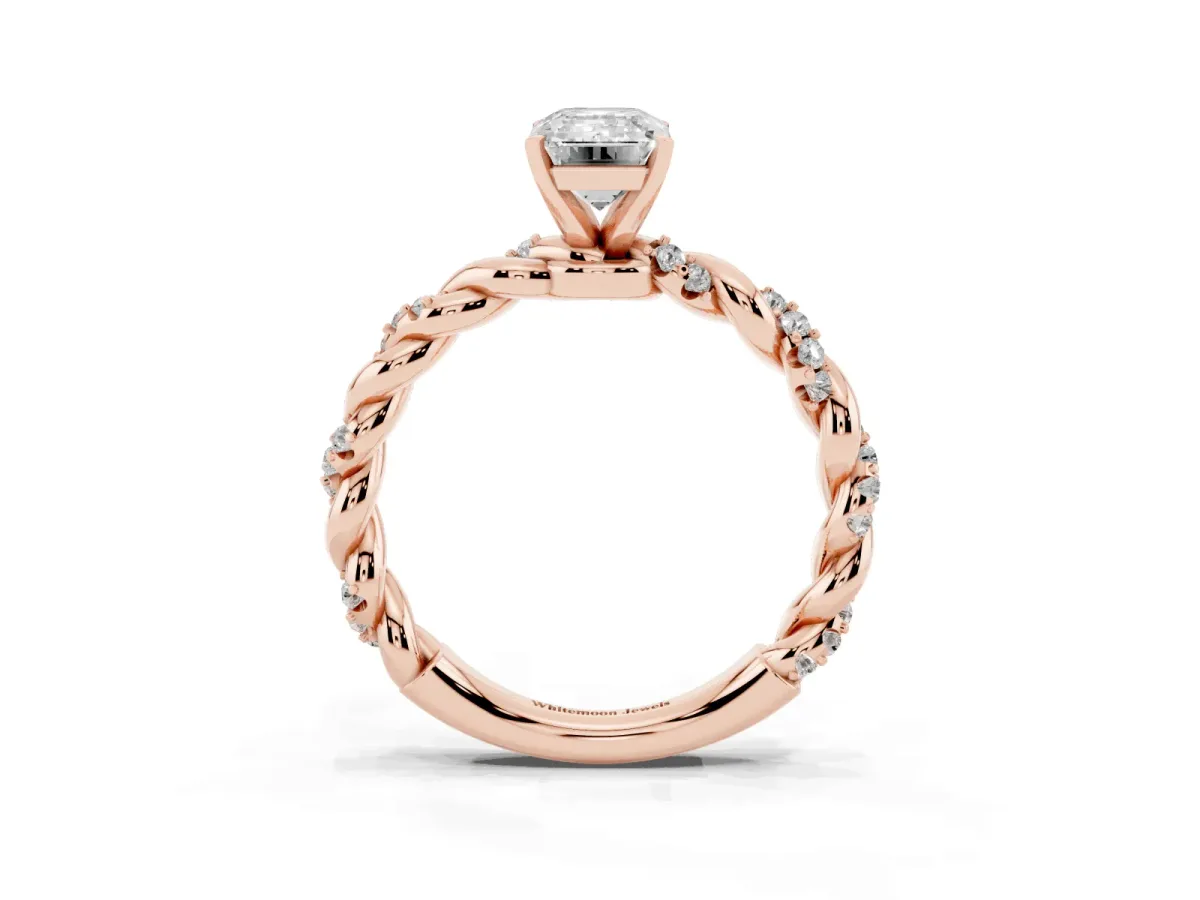 Emerald Cut Diamond Solitaire Ring with Twisted Band and Pavé Accents Rose gold