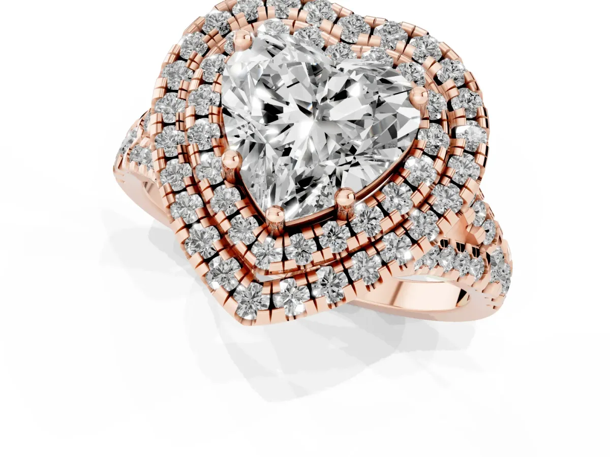 Double Halo Heart Cut Diamond Pavé Split Shank Ring with Prong Setting Rose gold