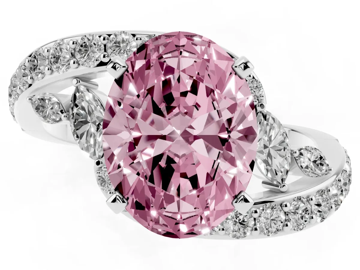 Fancy Pink Oval Cut Solitaire with Pavé Twist Band and Four-Prong Setting Platinum