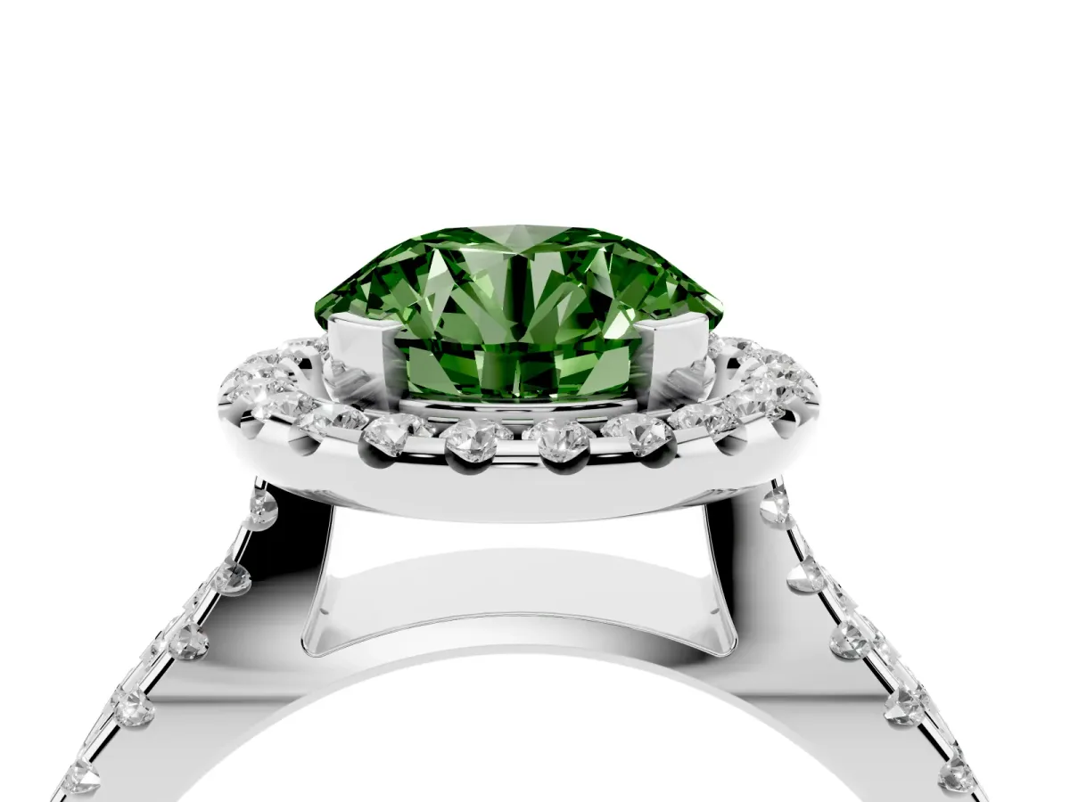 Fancy Green Round Cut Diamond Halo Ring with Split Shank Pavé Band and Prong Setting Silver
