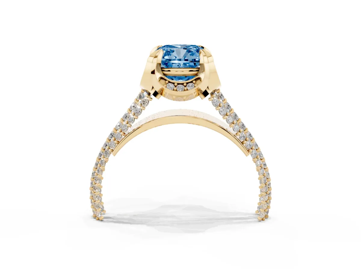 Fancy Blue Cushion Cut Solitaire Pave Split Shank Ring with Four-Prong Setting Yellow gold