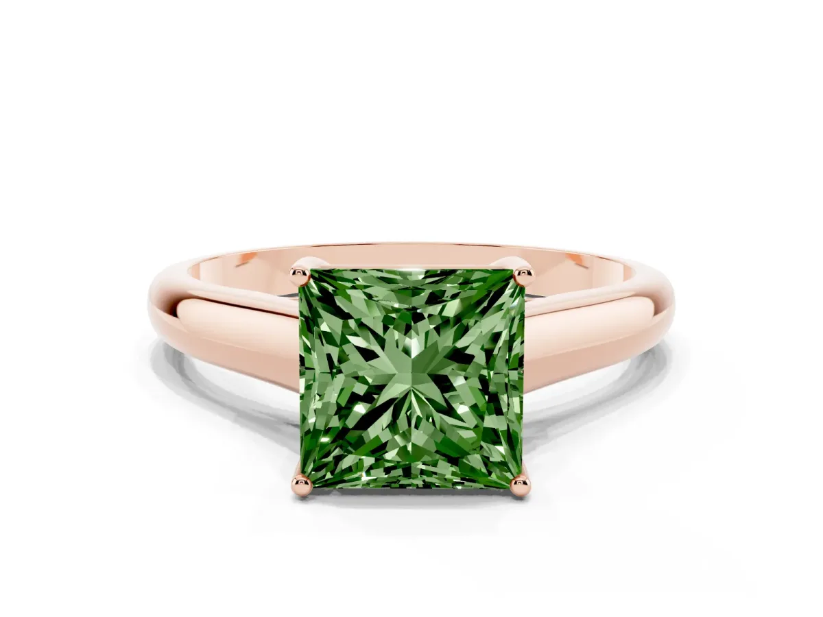 Fancy Green Princess Cut Solitaire Engagement Ring with Tapered Band and Four-Prong Setting Rose gold