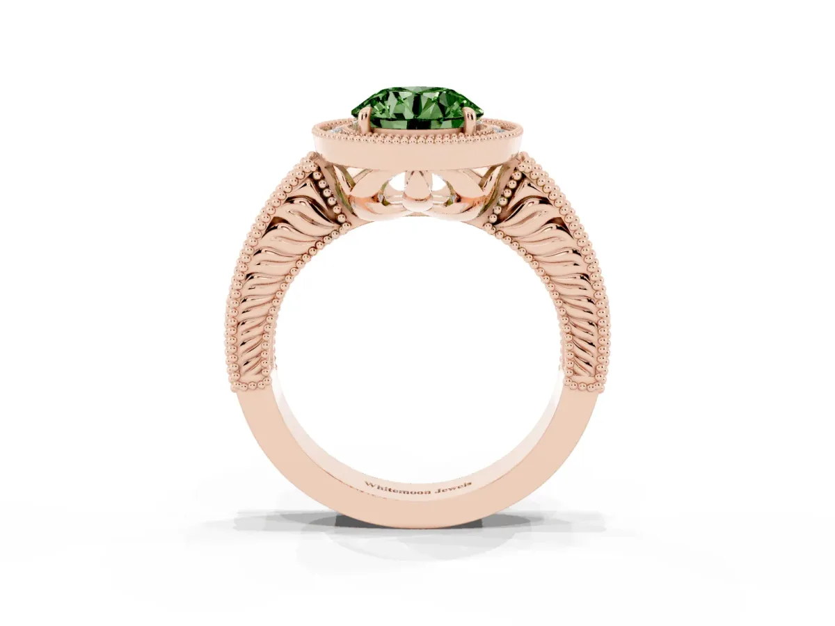 Fancy Green Round Cut Cut Halo Diamond Ring with Pavé Band and Four-Prong Setting Rose gold