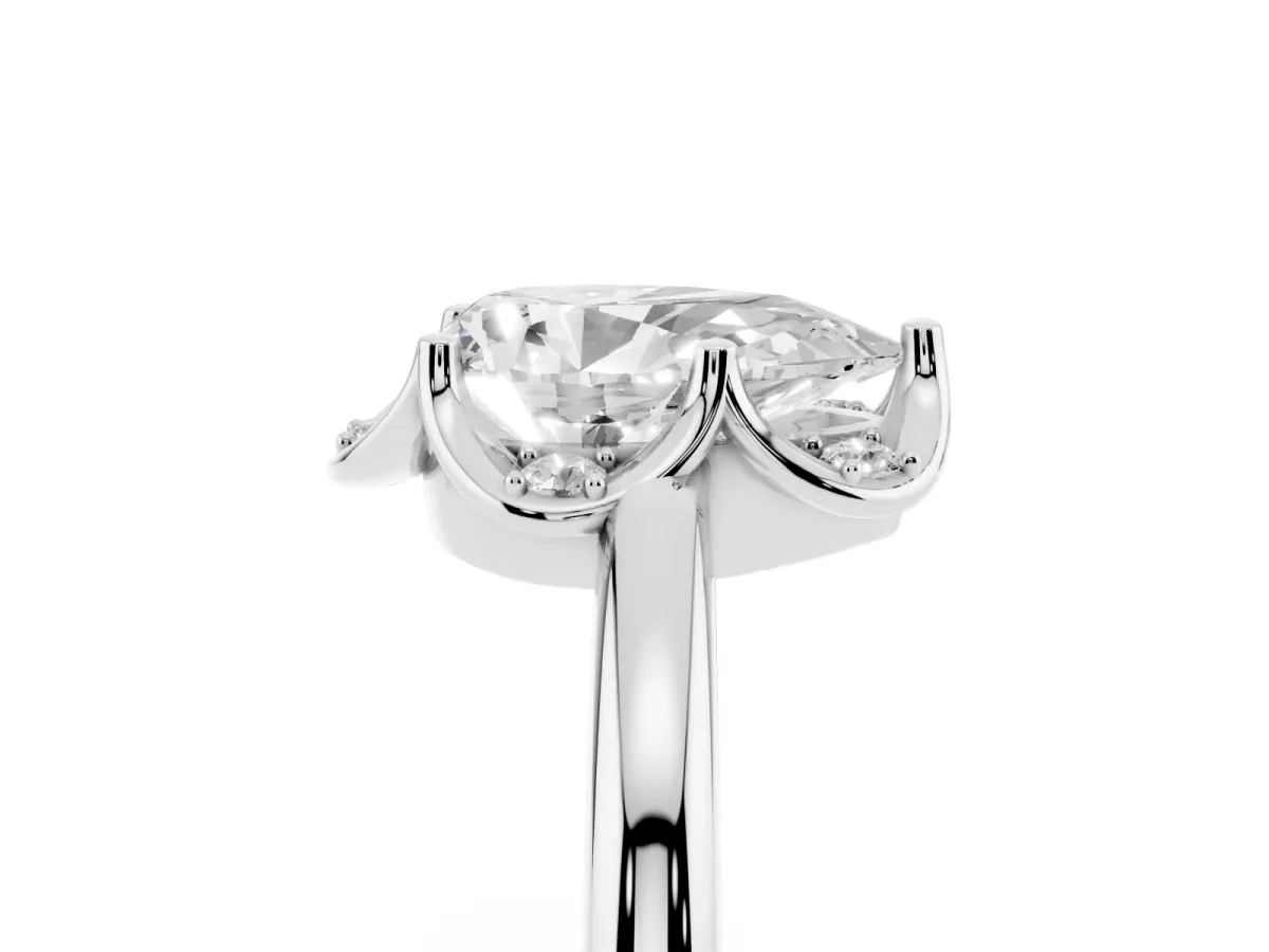Pear Cut Halo Diamond Ring with Round Cluster Setting, Solitaire Band, and Four-Prong Setting Silver