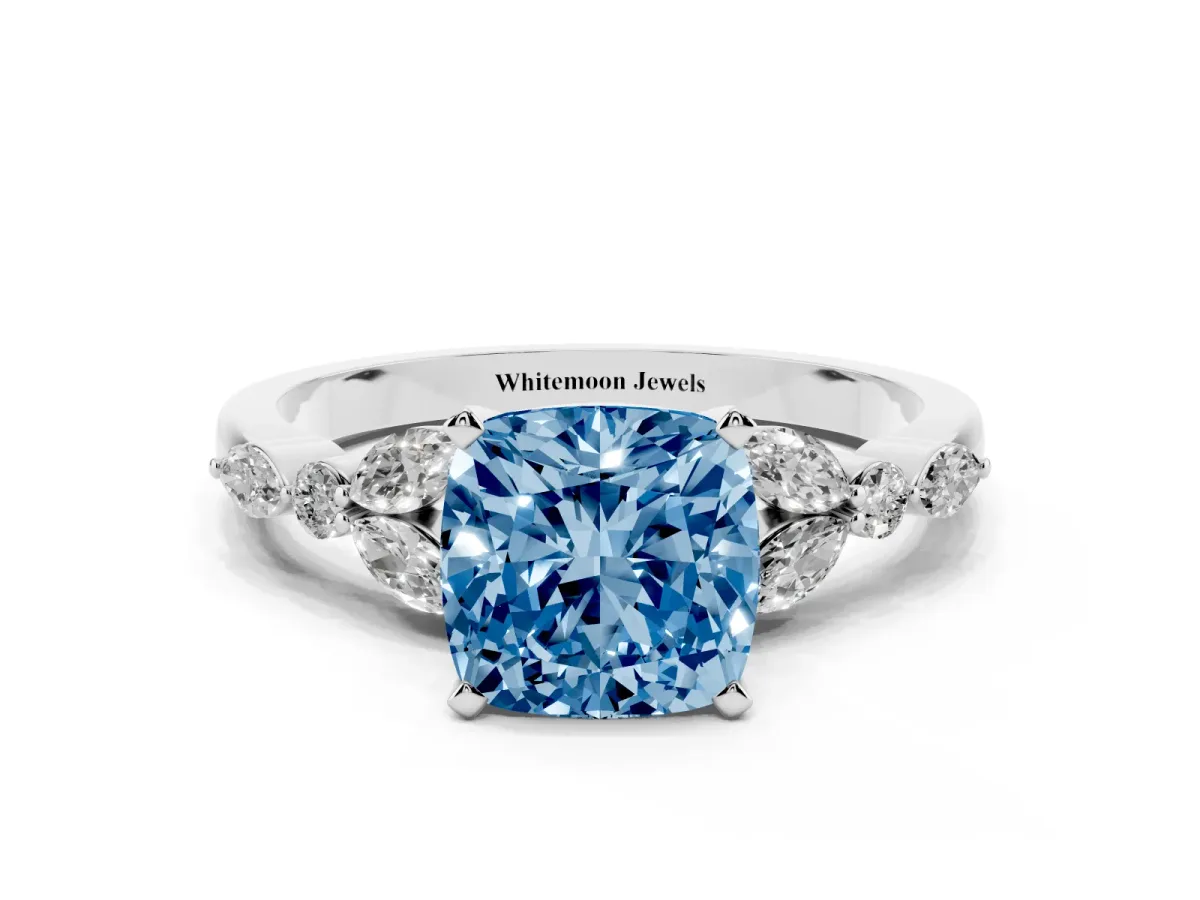 Fancy Blue Cushion Cut Diamond Solitaire Ring with Side Stones and Four-Prong Setting Silver