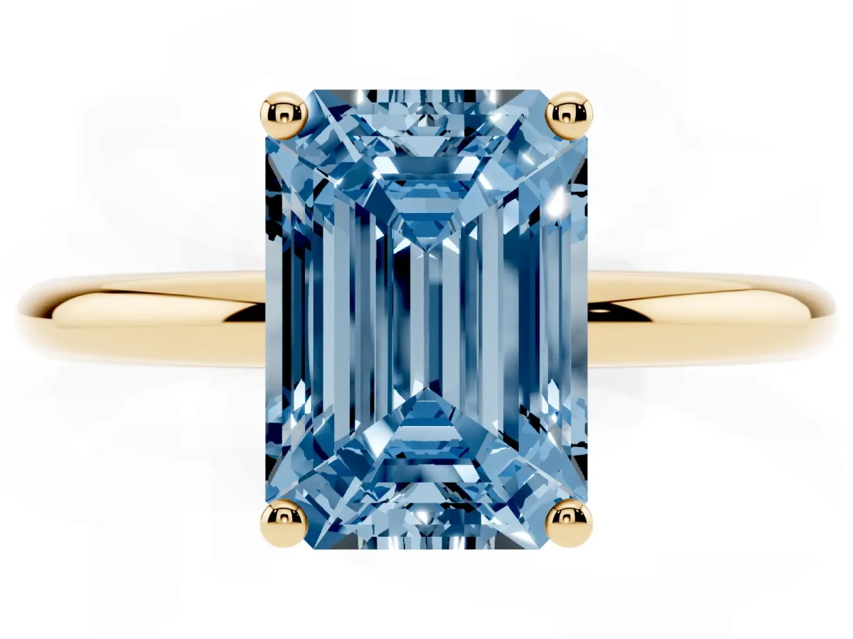 Fancy Blue Emerald Cut Cut Solitaire Engagement Ring with Four-Prong Setting and Classic Band Yellow gold