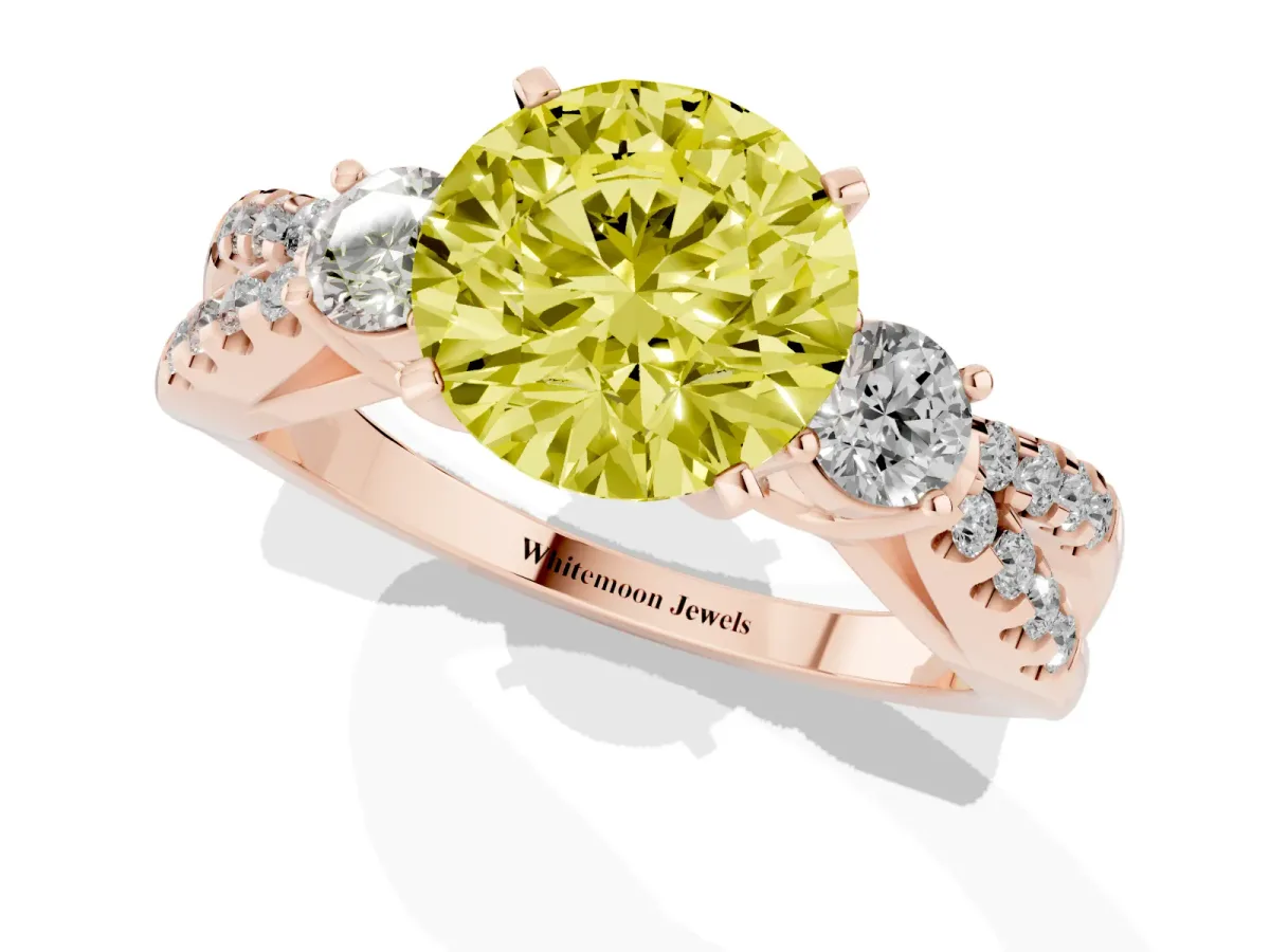 Fancy Yellow Round Cut Diamond Three-Stone Ring with Pavé Split Shank and Four-Prong Setting Rose gold