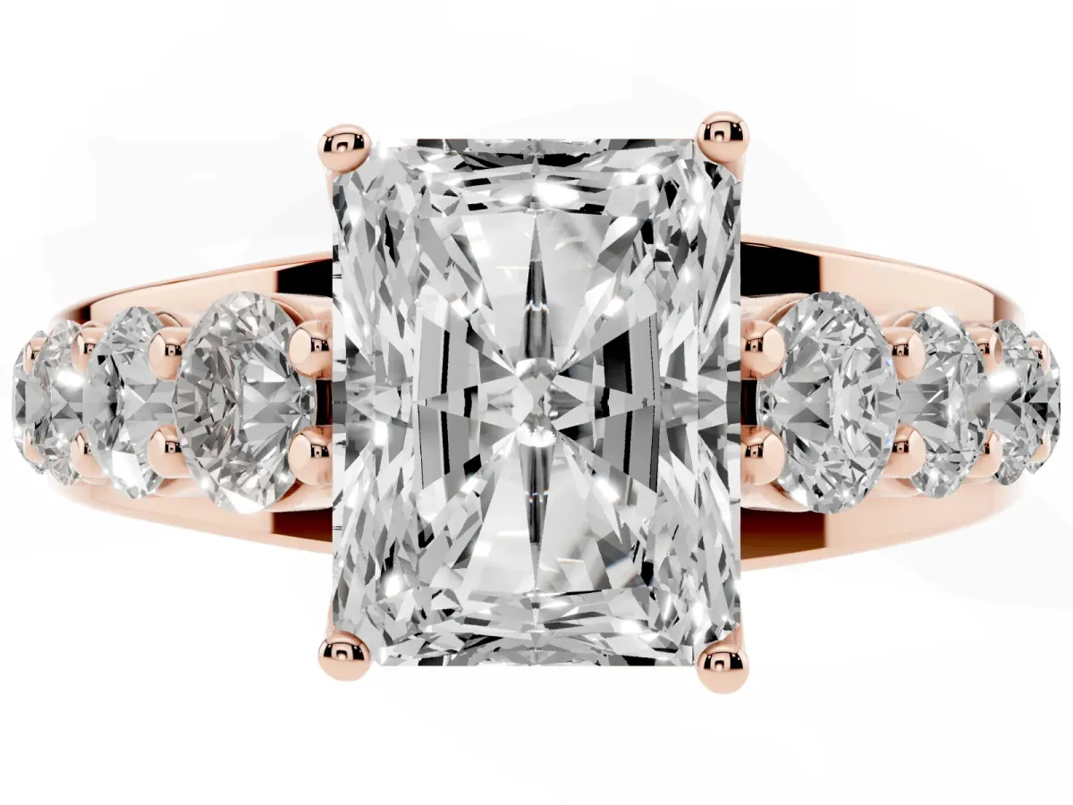 Radiant Cut Diamond Engagement Ring with Pavé Band and Four-Prong Setting Rose gold