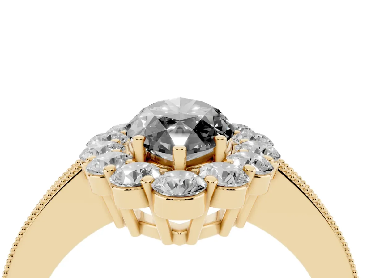 Fancy Black Marquise Cut Cut Halo Diamond Pavé Engagement Ring with Milgrain Detailing Yellow gold