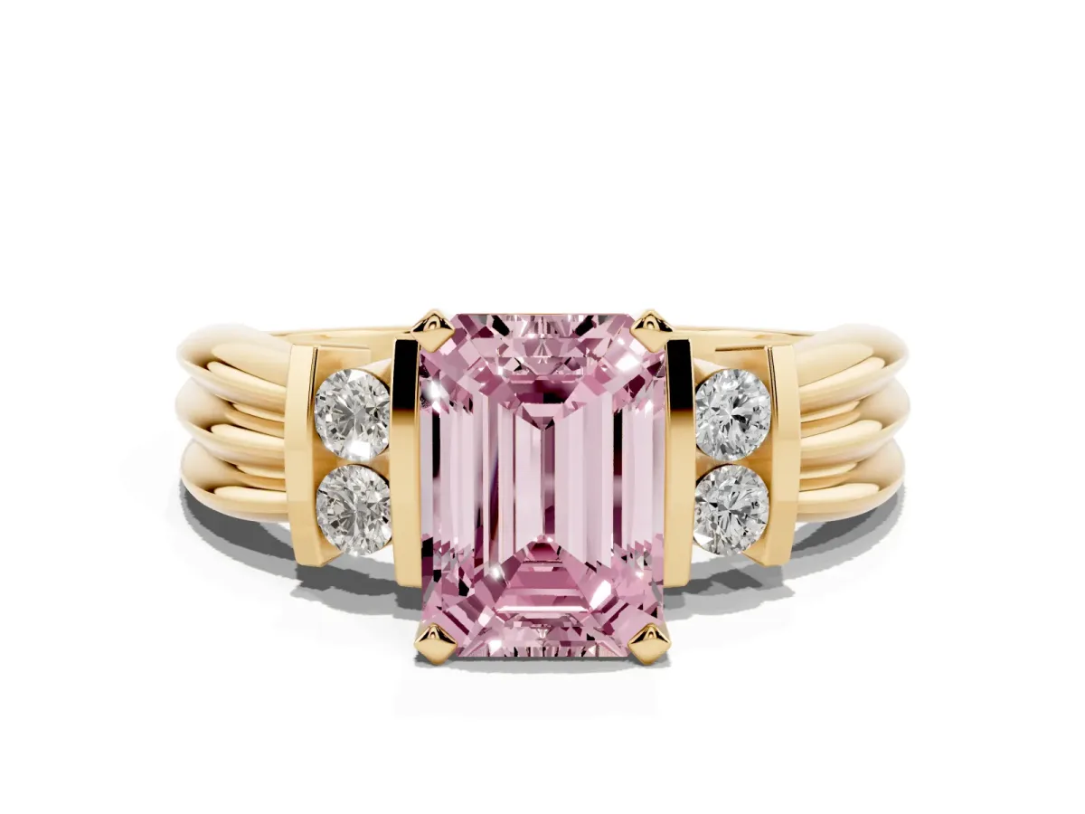 Fancy Pink Emerald Cut Cut Three-Stone Channel Set Ring with Bar Prongs Yellow gold