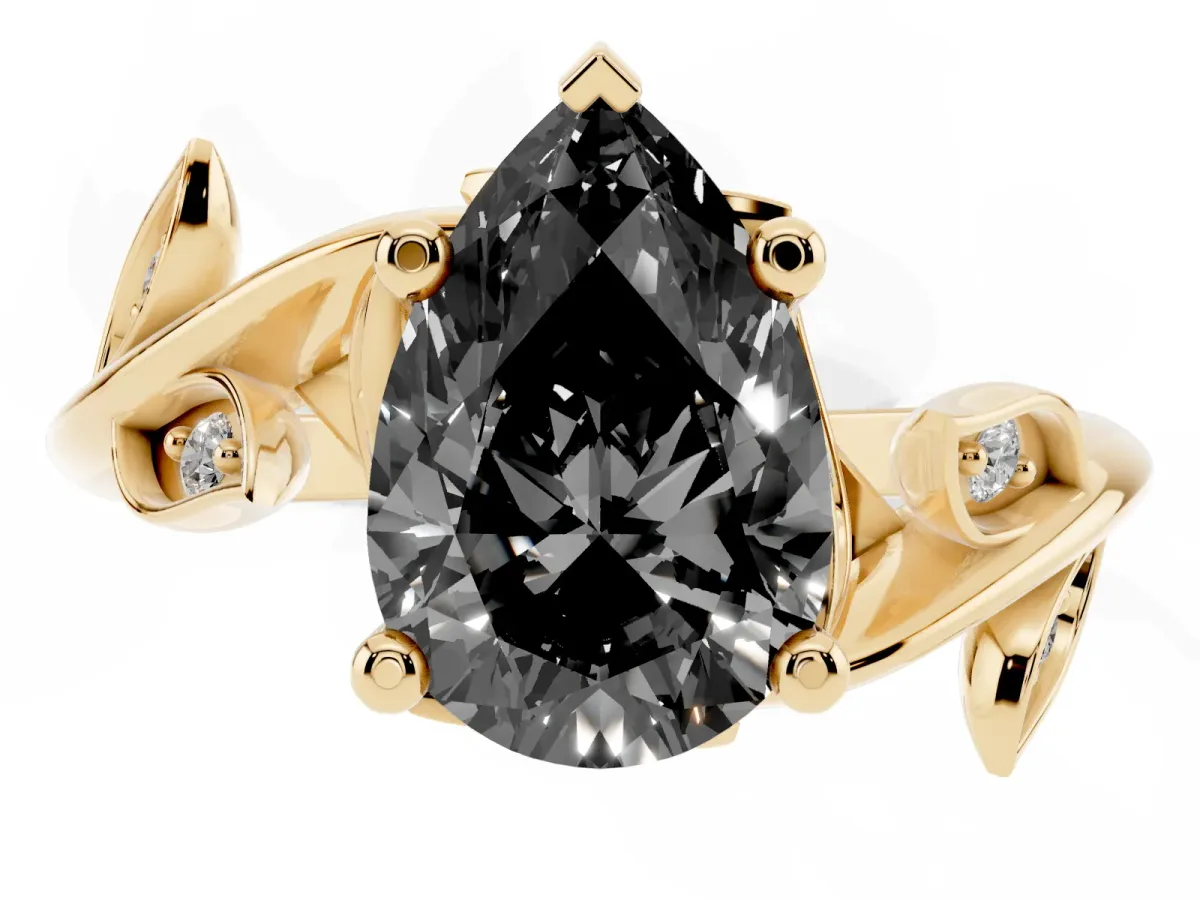 Fancy Black Pear Cut Solitaire Twist Engagement Ring with Leaf Accents and Prong Setting Yellow gold