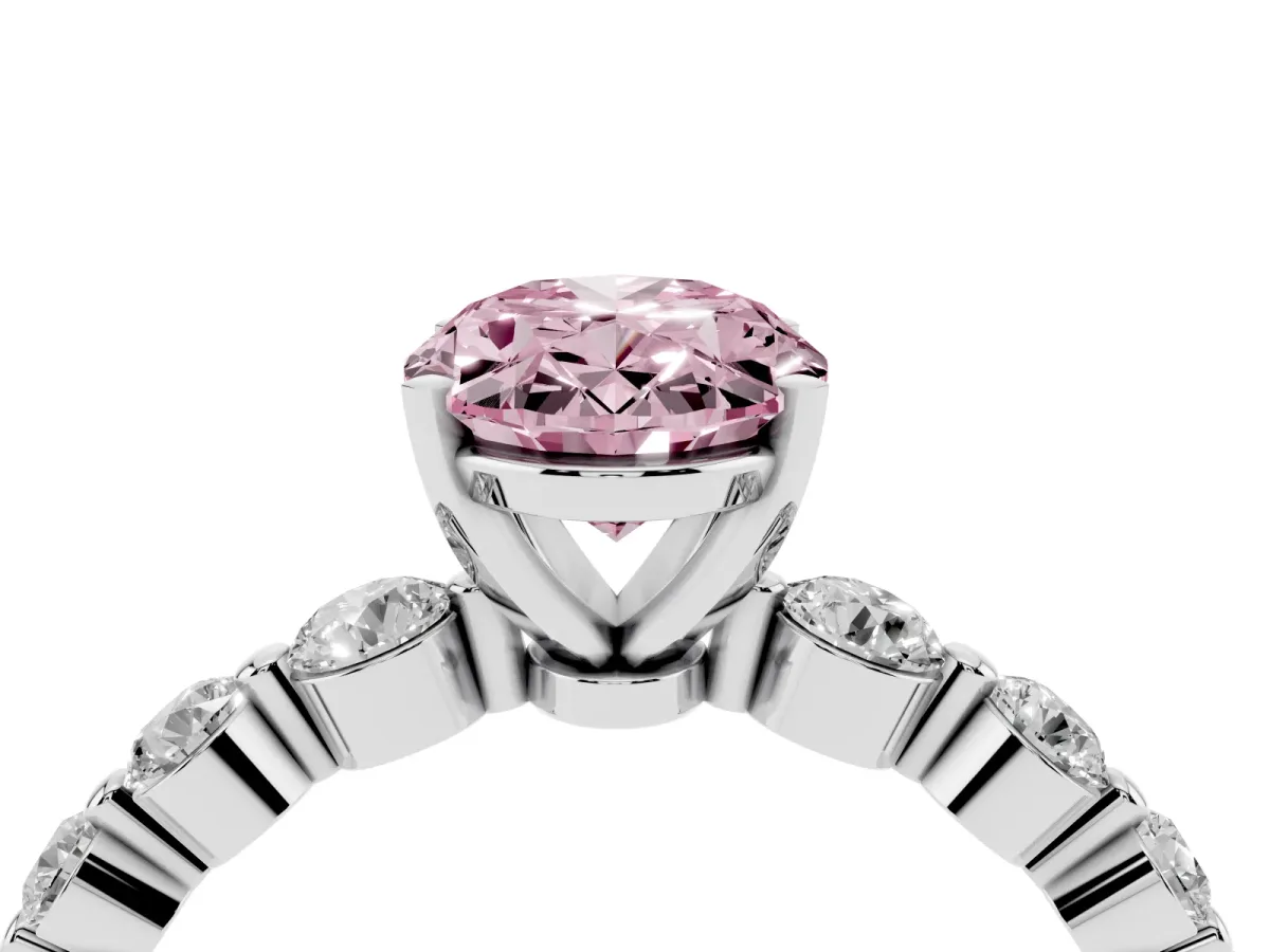 Fancy Pink Oval Cut Solitaire Diamond Ring with Pave Band and Four-Prong Setting Silver