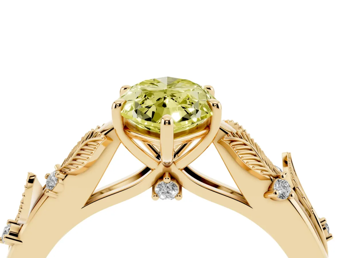 Fancy Yellow Marquise Cut Diamond Solitaire Ring with Leaf Motif Band and Four-Prong Setting Yellow gold