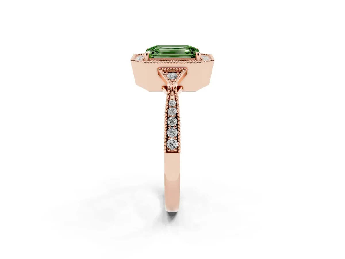 Fancy Green Emerald Cut Halo Round Diamond Milgrain Pave Engagement Ring Rose gold