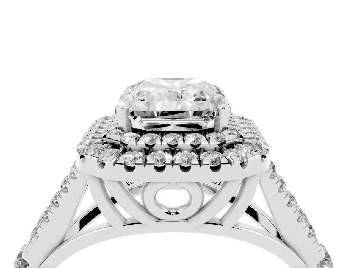 Radiant Cut Diamond Pavé Split Shank Double Halo Engagement Ring Silver