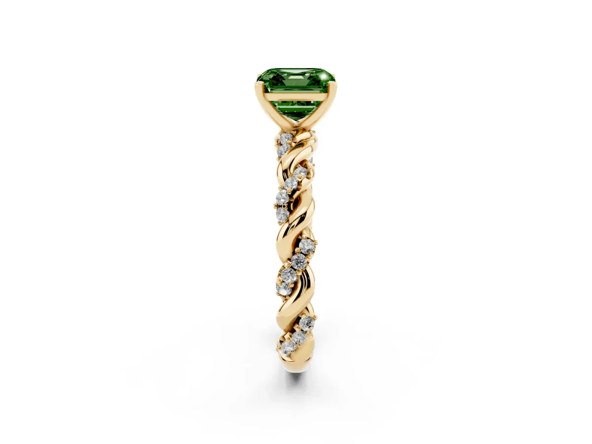Fancy Green Asscher Cut Diamond Solitaire Ring with Twisted Band and Pavé Accents Yellow gold