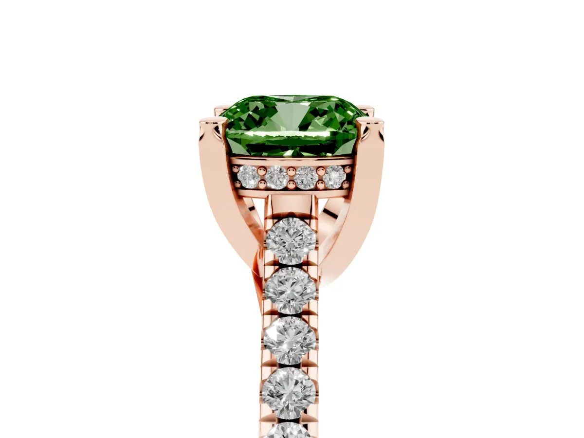Fancy Green Cushion Cut Brilliant Diamond Solitaire with Pavé Band and Four-Prong Setting Rose gold