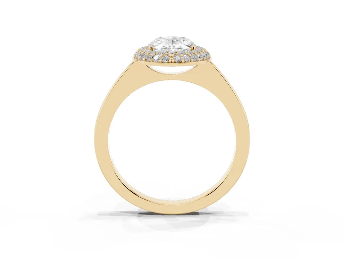 Oval Cut Halo Diamond Engagement Ring with Solitaire Band and Four-Prong Setting Yellow gold