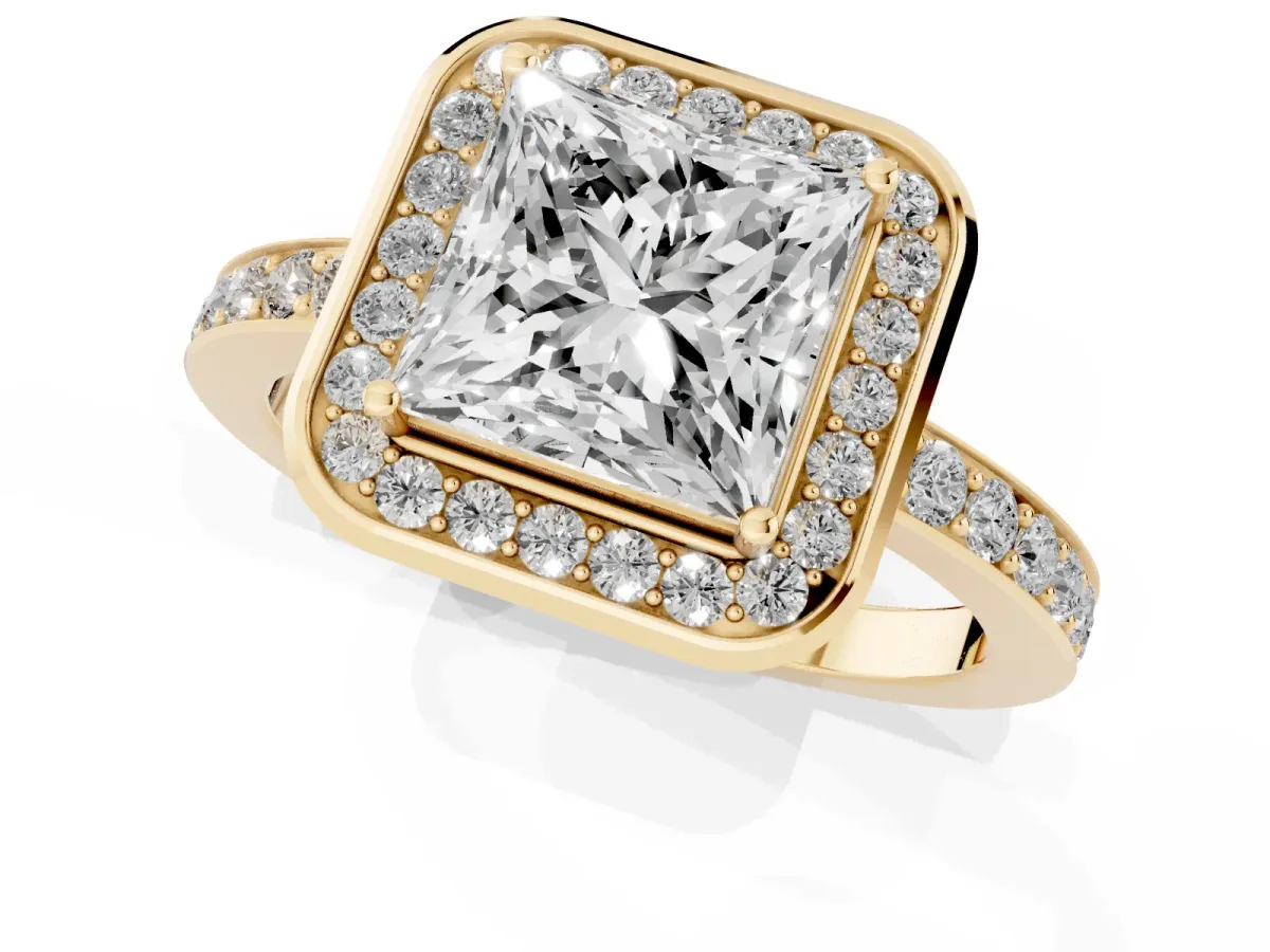 Princess Cut Diamond Halo Ring with Bezel Frame and Pavé Band Yellow gold