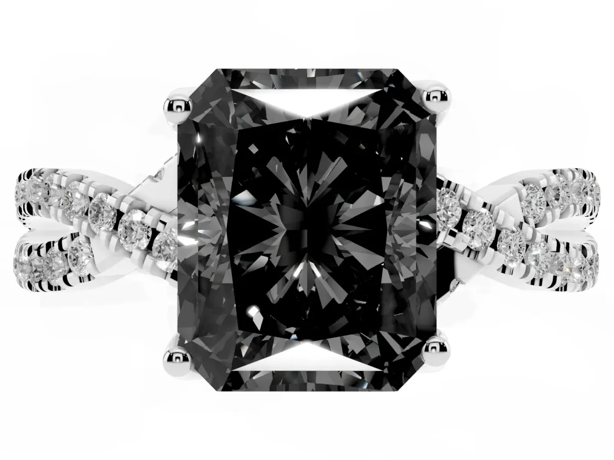 Fancy Black Radiant Cut Solitaire Twist Pave Diamond Engagement Ring with Prong Setting Silver