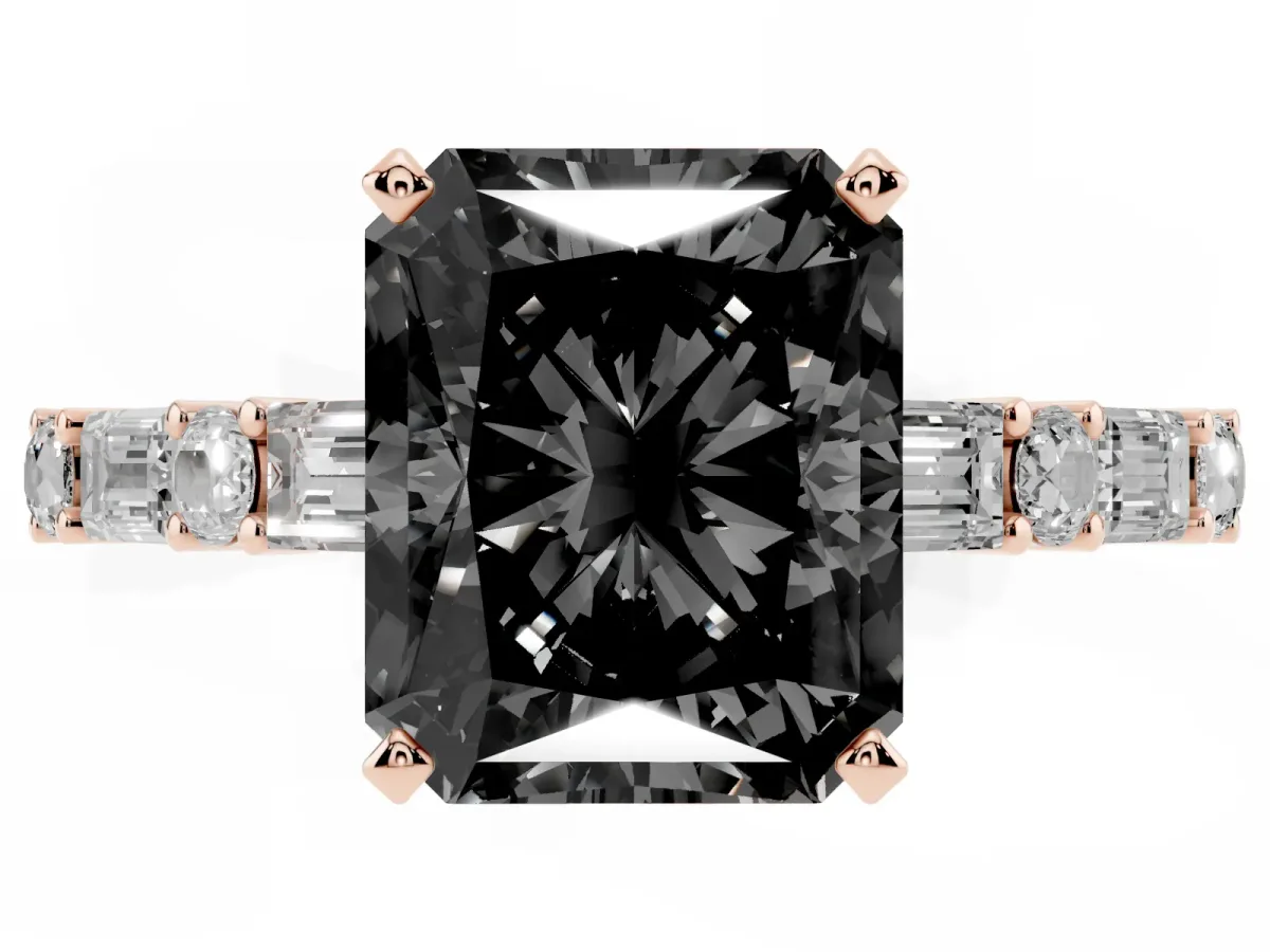 Fancy Black Radiant Cut Diamond Solitaire with Side Baguettes and Channel Set Band Rose gold