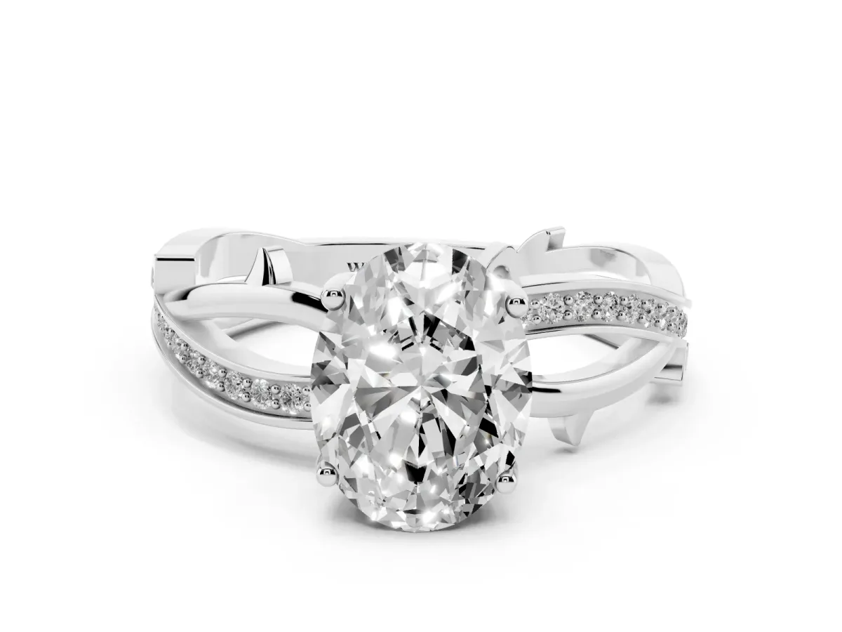 Oval Cut Solitaire Twist Band with Pavé Accents and Four-Prong Setting Silver