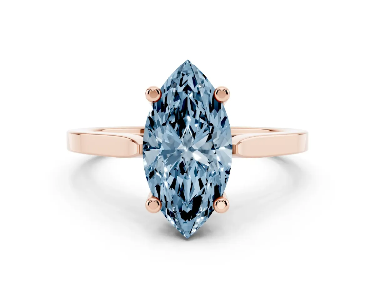 Fancy Blue Marquise Cut Solitaire Diamond Ring with Four-Prong Setting and Tapered Band Rose gold