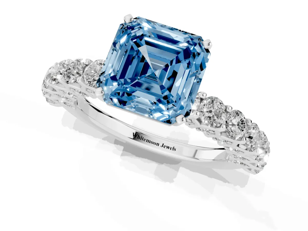 Fancy Blue Asscher Cut Diamond Solitaire Ring with Shared Prong Pavé Band and Four-Prong Setting Silver