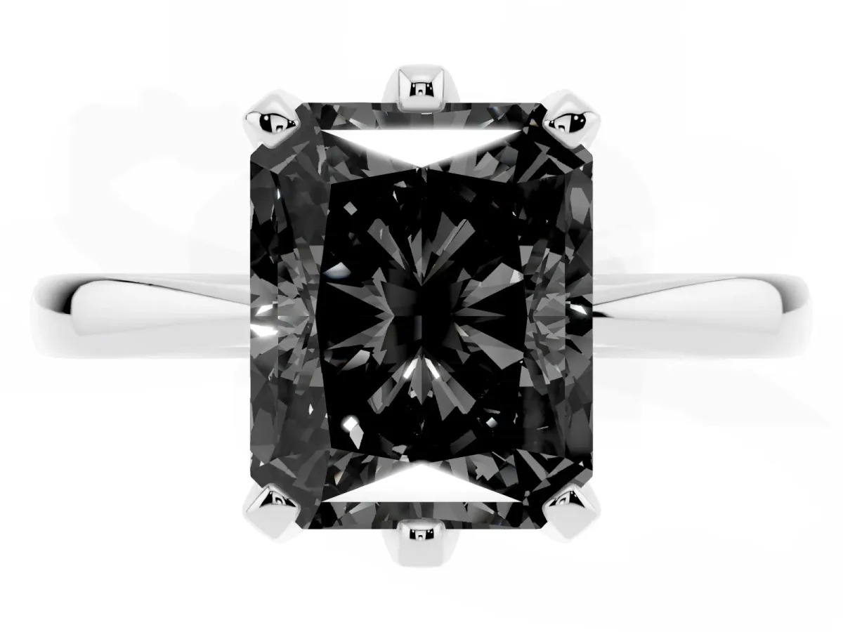 Fancy Black Radiant Cut Solitaire Engagement Ring with Six-Prong Setting and Tapered Band Platinum