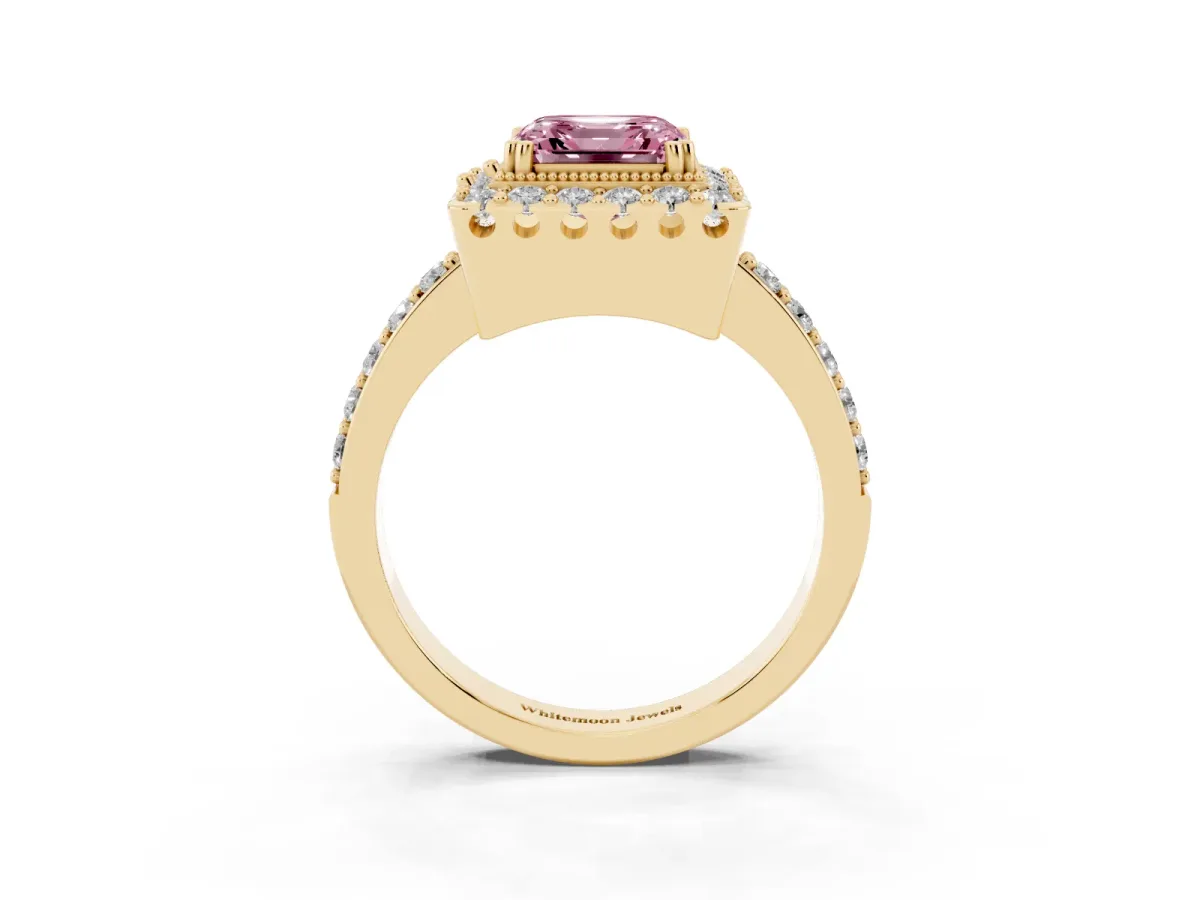 Fancy Pink Asscher Cut Diamond Halo Ring with Pavé Band and Prong Setting Yellow gold