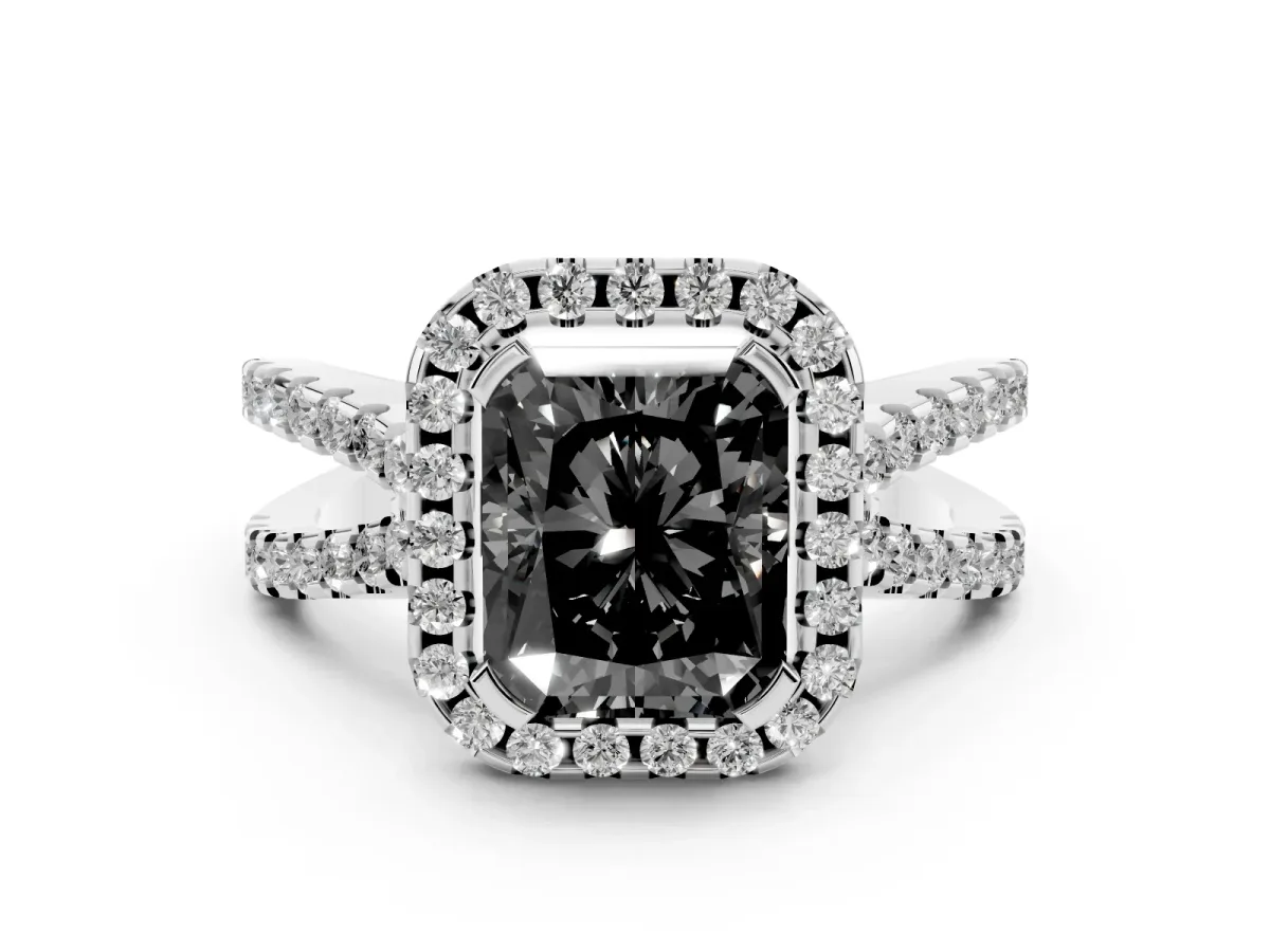 Fancy Black Radiant Cut Diamond Halo Ring with Split Shank Pavé Band and Prong Setting Silver
