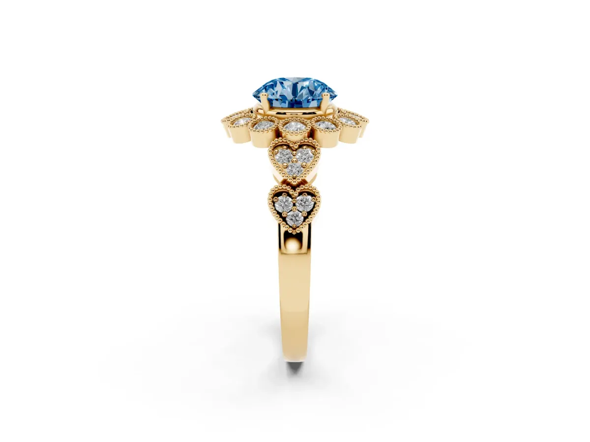 Fancy Blue Round Cut Brilliant Milgrain Pave Heart Band Solitaire Ring Yellow gold
