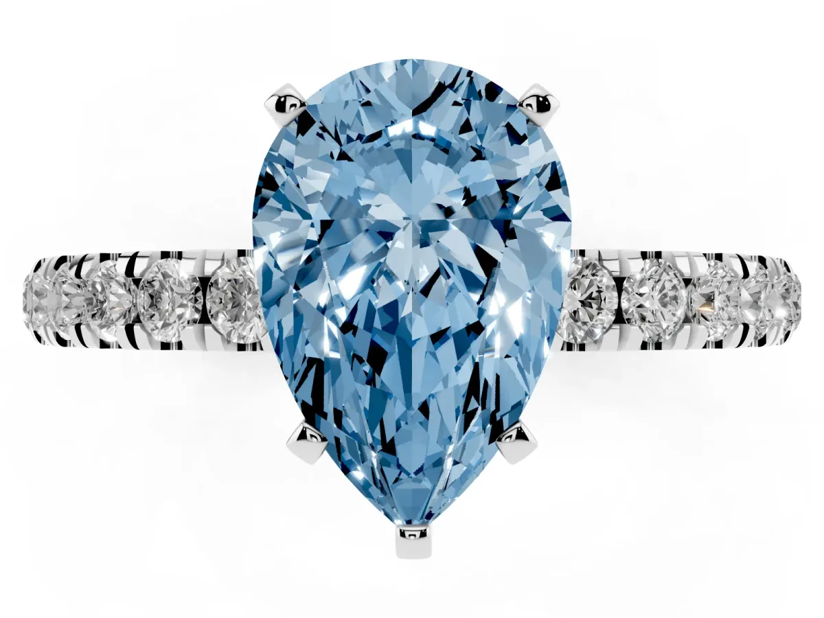Fancy Blue Pear Cut Diamond Solitaire Ring with Pavé Accents and Four-Prong Setting Platinum
